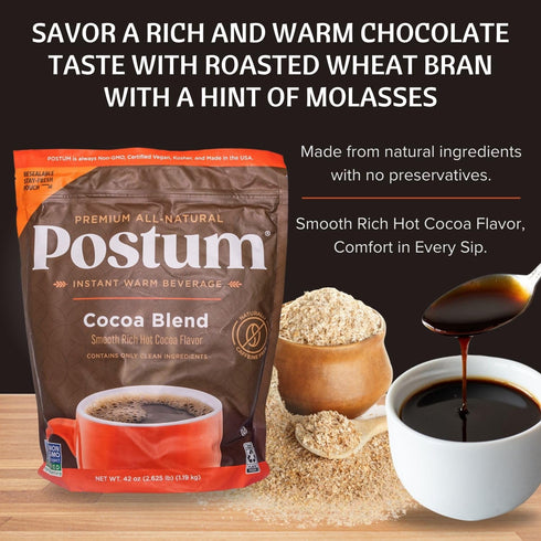 (42oz) Pack Postum Hot Cocoa Flavor Coffee Substitute Coffee Alternative Caffeine Free with Roasted Wheat Bran