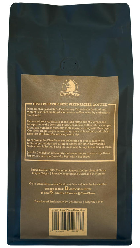 20 oz ChestBrew Grizzly Bear Chocolate Dusted Vietnamese Whole Bean Coffee