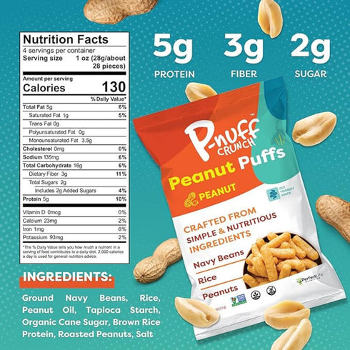 1 Oz (Pack 12) Pnuff Crunch Peanut Butter Puffs - Healthy Snacks, Low Calorie Snacks, Gluten Free Snacks, Vegan, High