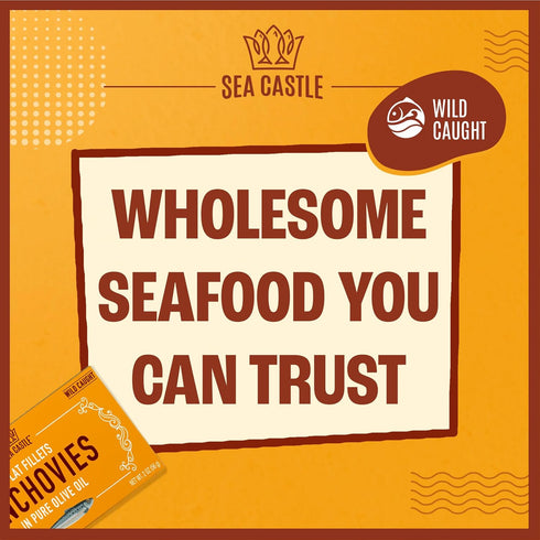Sea Castle 2 OZ (12 Pack) Flat Fillets Anchovies In Pure Olive Oil Wild Caught Fish, Easy Open Can, Kosher