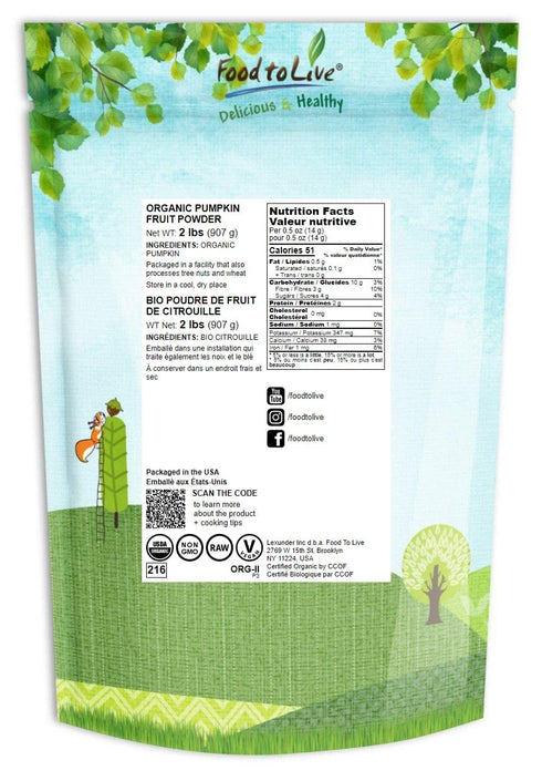 2 100% Food to Live Organic Pumpkin Fruit Powder, Pounds Non-GMO, Milled Dried Pumpkin, Pure, No Additives, Vegan