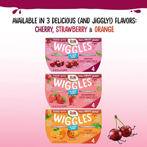 4.3oz 4 Dole Wiggles No Sugar Added Cherry Fruit Juice Gels Snacks, Total Cups, Gluten & Dairy Free, Bulk Lunch Snacks