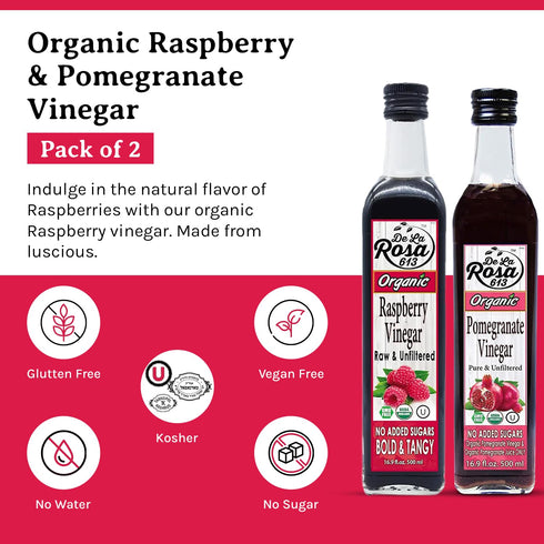 100% 16.9 Oz (Pack 2) De La Rosa Organic Raspberry & Pomegranate Vinegar, Raw & Unfiltered, Vegan, Gluten Free