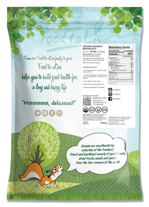 10 Food to Live - Organic Brown Basmati Rice, Pounds - Non-GMO, Whole Grain, Long-Grain Rice Variety, Fragrant, Kosher