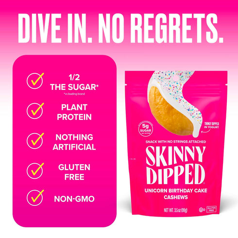3.5 oz Pack 5 SkinnyDipped Birthday Cake Cashews, Healthy Snack, Plant Protein, Gluten Free, Resealable Bags
