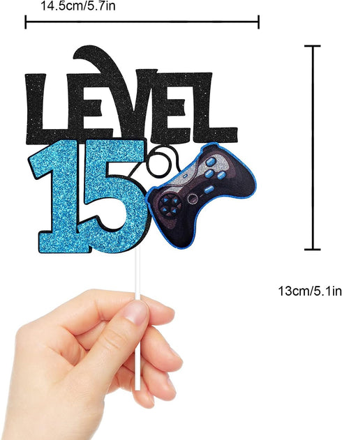Level 15 Game Birthday Cake Topper - Video Game Boy's 15th Birthday Level Up Party Supplies - Blue Gaming Party