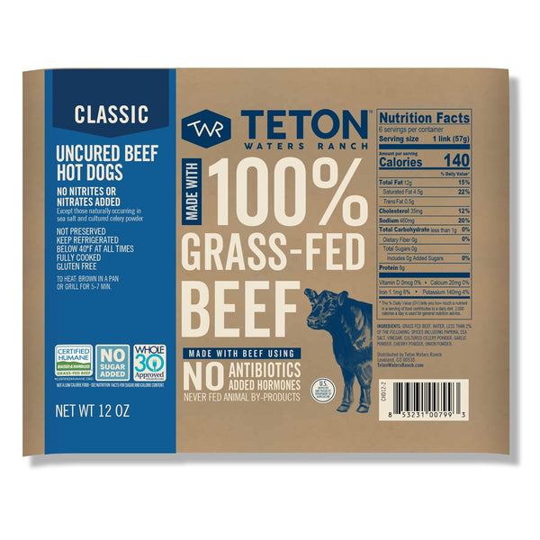 Teton Waters Ranch 100% Grass-Fed Beef Hot Dogs, Uncured All Beef Sausage, Fully Cooked, No