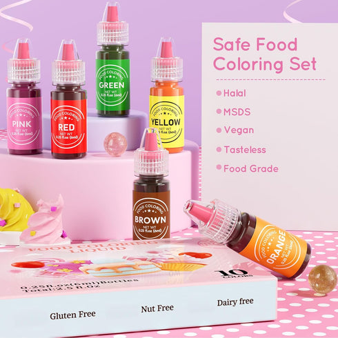 10 Set 0.25 oz (6 Food Coloring Liquid Colors for Baking,Cherrysea Food Grade Cake Food Coloring