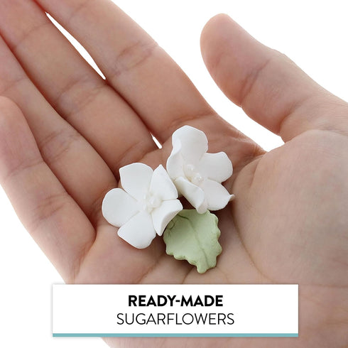 24 Count Global Sugar Art Blossoms and Leaves Edible Sugar Cake & Cupcake Flowers, White, Small Unwired, with Leaves by