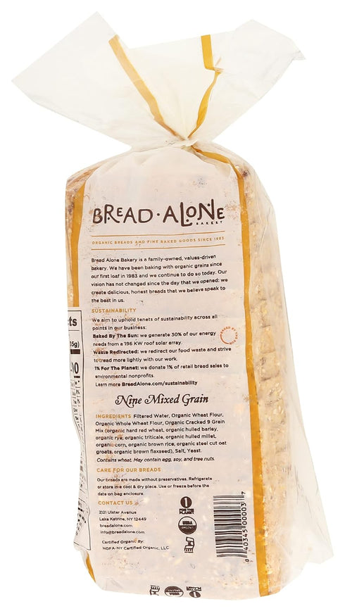 Bread Alone 22 oz , Organic Nine Mixed Grain, Pullman Loaf, Sliced