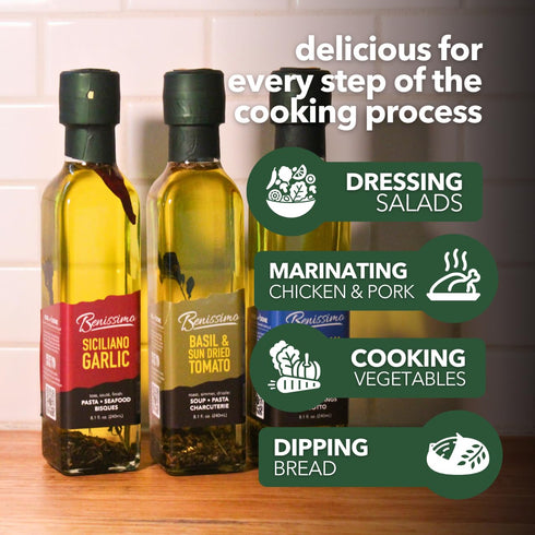 Pack 4 Set, 8.1 oz Benissimo Herb Infused Cooking Oil Chef Artisan Flavored Oils: Italiano, Roasted Garlic
