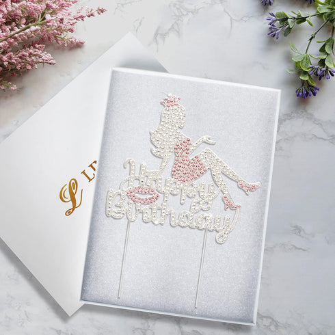 LINGTEER Happy Birthday Crown Queen Lady Rhinestone Cake Topper - Pink Cake Centerpieces Decorations Gift Sign for