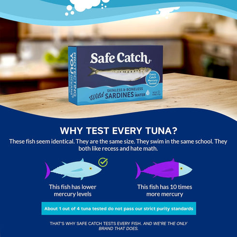 Pack 12, 4.4oz Safe Catch Wild Sardines in Water Skinless Boneless Wild-Caught Sardine Fillets Lowest Mercury Limit