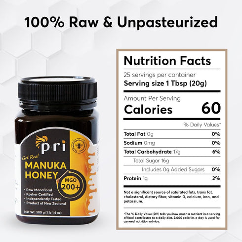 200+, 100% (500g/1.1lb) P.R.I Manuka Honey MGO Monofloral Raw New Zealand Honey, CoolProcessed & Traceable
