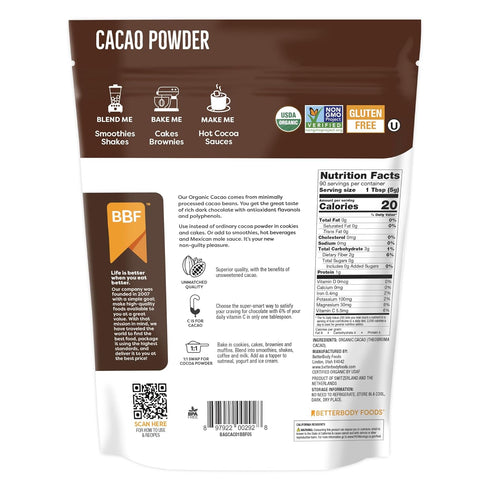 16 1 lb BetterBody Foods Organic Cacao Powder, Rich Chocolate Flavor, Non-GMO, Gluten-Free, Cocoa, ounce, bag