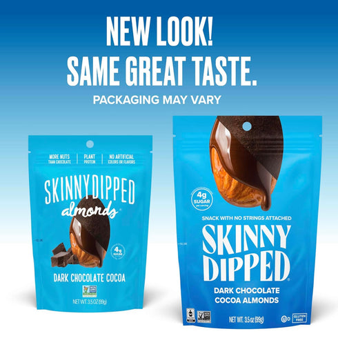 3.5 Oz Pack 1 SkinnyDipped Dark Chocolate Cocoa Almonds, Healthy Snack, Plant Protein, Gluten Free, Resealable Bag