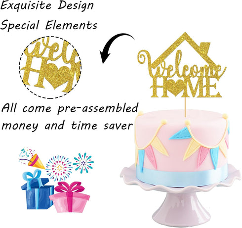 Gold Glitter Welcome Home Cake Topper - Home Party Decoration - Welcome Sign for New Home/New Baby/Retirement