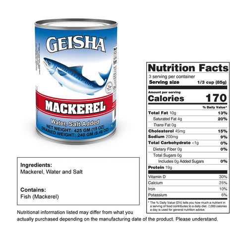 15OZ. (Pack 12), GEISHA Mackerel in Water of Scomber Japonicus| Halal Certified Good Source of Protien Wild Caught No
