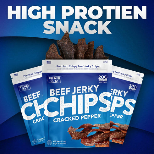 28g (2 Wicked Cutz Cracked Pepper Beef Jerky Chips, Protein per Bag, Crispy & Crunchy Beef Jerky Crisps, USA Made