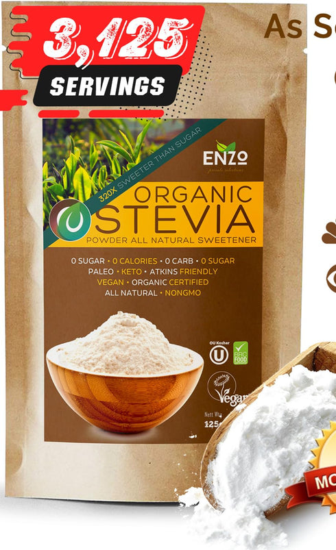 Enzo Organic Stevia Powder 125g (4.4oz / 3125 Servings) - Premium USDA Certified All Natural Sweetener, 320x Sugar Free