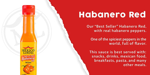 Mexico Lindo Red Habanero Hot Sauce | Real Red Habanero Chili Pepper | 78,200 Scoville Level | Enjoy with Mexican Food, Seafood & Pasta | 5 Fl Oz Bottles (Pack of 6)