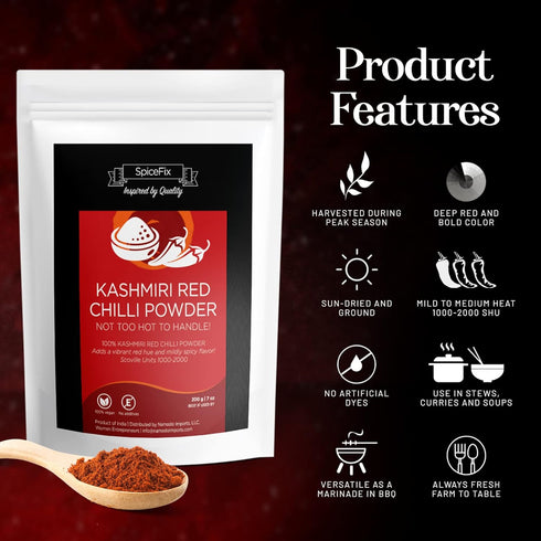 SpiceFix Kashmiri Red Chilli Powder - Mild to Medium Heat, Sun-Dried Indian Red Chili Powder in Resealable Bag, 7 Ounces