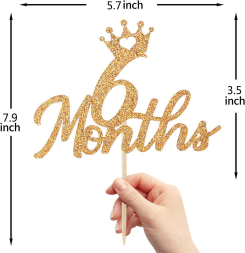 Gold Glittery 6 Months Cake Topper for Baby's Half Year Old Birthday Party, 1/2 Birthday, Baby Shower Decorations