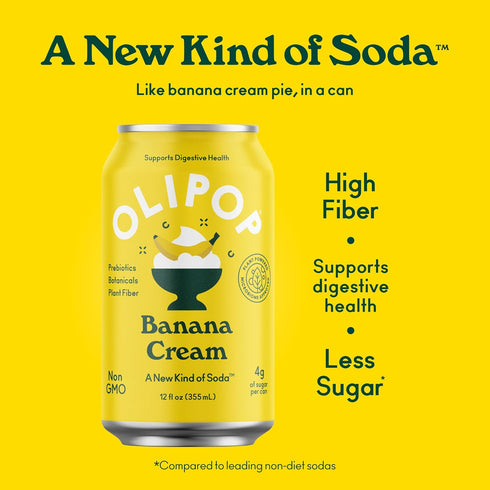 Packed 12oz (12-Cans) OLIPOP Prebiotic Soda Pop, Banana Cream, A New Kind of Soda with Prebiotics, Fiber
