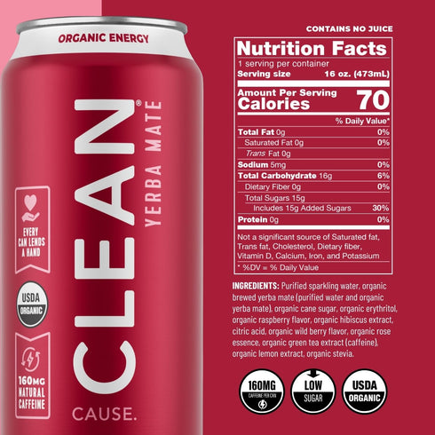160mg (16oz 12-Pack CLEAN Cause Low Calorie Raspberry Yerba Mate Tea Sparkling, USDA Organic Energy Drink Alternative