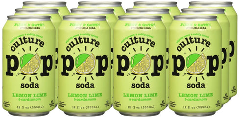 12 (Pack 12) Culture Pop Lemon Lime & Cardamom Probiotic Soda, Plant Based, Fluid Ounces