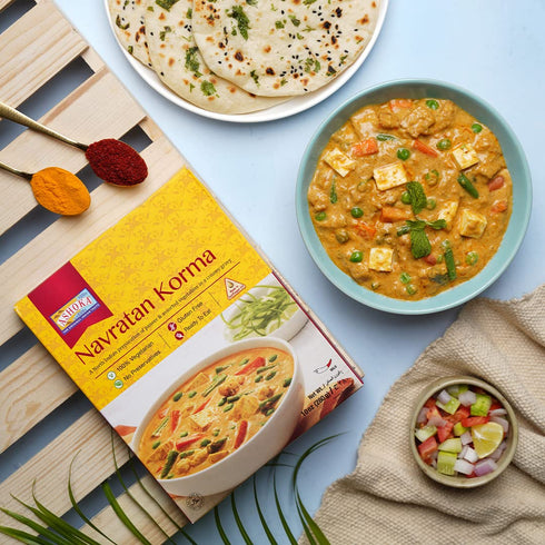 1932, Pack 1 Ashoka Indian Meals Vegetarian Entry, Mixed Vegetables & Cheese, All-Natural Heat & Eat Navratan Korma
