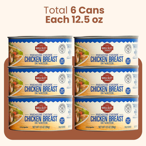 Wellsley Farms 12.5 oz 6-Pack Premium Chunk Chicken Breast in Water, Fully Cooked Boneless Skinless, For Prepared