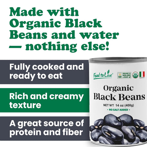 14 oz (Pack 4) Food to Live Organic Canned Black Beans, of - Unsalted Non-GMO Frijoles Negro. Perfect for Salads