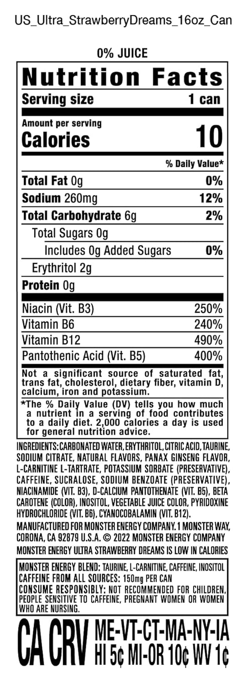 16 Pack 15 Monster Energy Ultra Strawberry Dreams, Sugar Free Energy Drink, Ounce |