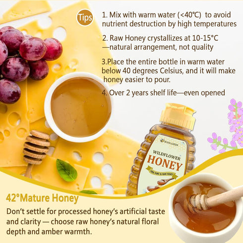 WANLAIREN 11oz/312g, Immunity Wholesome Honey, Wildflower Honey-Raw & Pure, Natural Active Enzymes (Surface), Aid