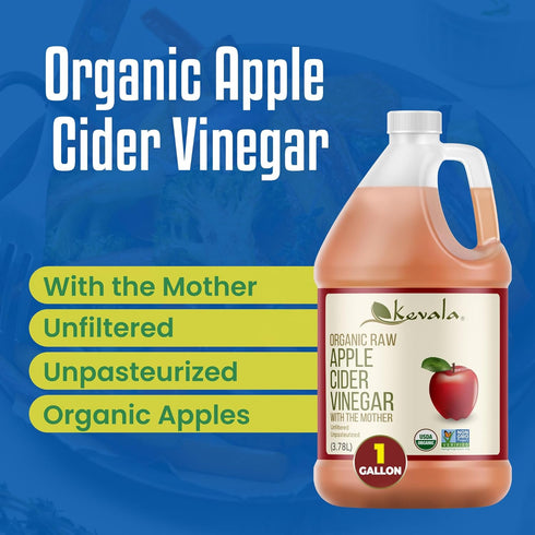 128 oz Kevala Organic Raw Apple Cider Vinegar - Unfiltered and Unpasteurized Vinegar for Cooking and Beauty, Addition