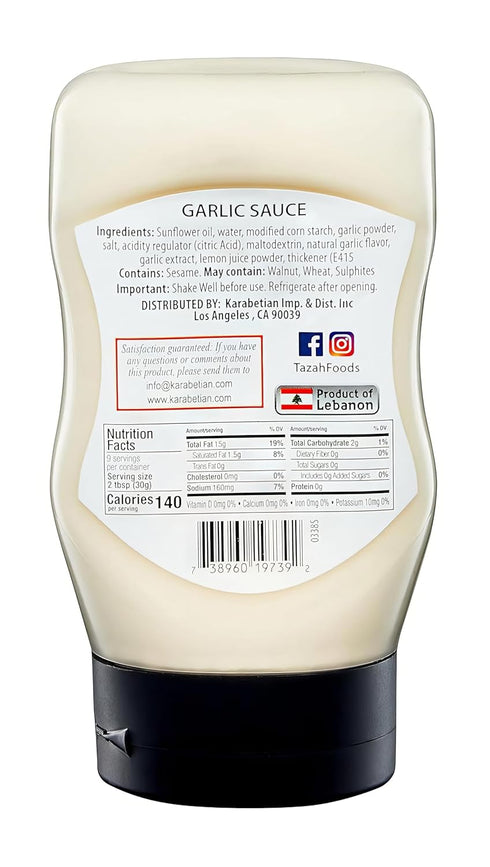 9.34 Oz Tazah Lebanese Garlic Sauce Fl Squeezable Bottle Authentic Middle Eastern Creamy Garlic Dressing Great