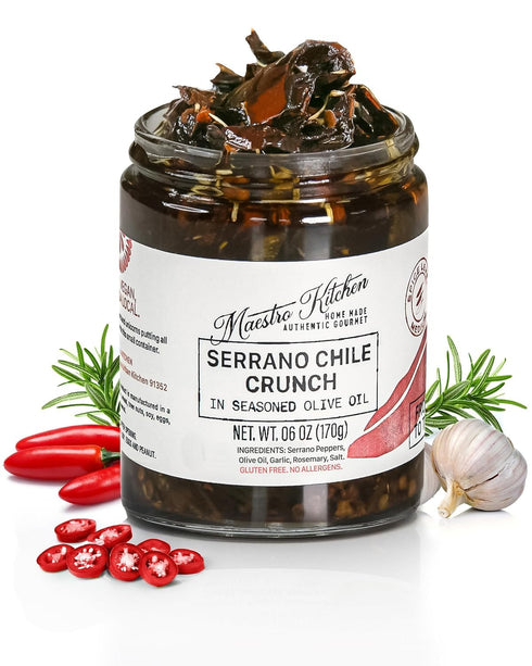 6oz 2 Pack 100% Spicy Serrano & Mild Jalapeno Pepper Chili Crisp Crunch - Variety - All Natural Chili Oil Hot Sauce