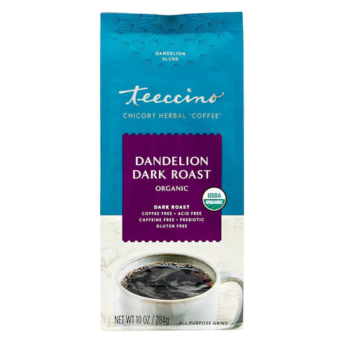 Teeccino Dandelion Dark Roast Herbal Coffee, Caffeine-Free Alternative with Prebiotics, 10 oz