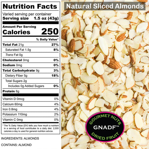 5, 10, 25 Lb. (5 lbs) GNADF | Natural Sliced Almonds | Available in sizes | Gourmet Nuts And Dried Fruit |