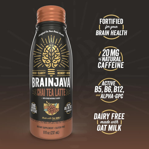 BrainJava 8 Oz, 4 Pack Oat Milk Chai Tea Latte, Ready to Drink Beverage With L-Theanine, Vitamin C, Vitamin B