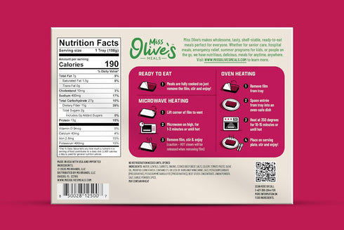 7 oz (Pack 3) Miss Olives Lentil & Beef with Vegetables Ready Meal, Lower Sodium, Shelf Stable Heat & Eat Entre