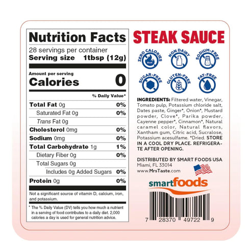 Mrs Taste Sugar Free Steak Sauce, Zero Calories, Zero Sodium, Zero Sugar, High Fiber, Keto Friendly, Paleo Friendly, Condiments and Sauces (11.85oz, Steak Sauce)