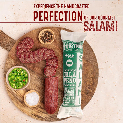 8 Oz. Foustman's Salami Jalapeno Pork Artisanal, Nitrate-Free, Naturally Cured Lunch Meat, Gluten-Free, Dairy-Free