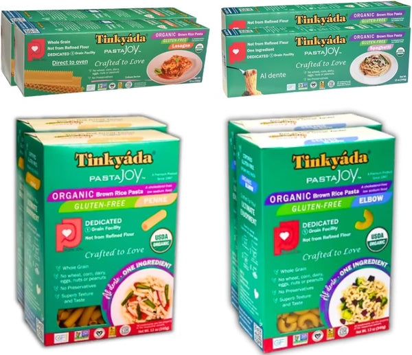 Tinkyada Organic Gluten-Free Brown Rice Pasta Variety Pack, 8 Pack Elbow, Spaghetti, Lasagne