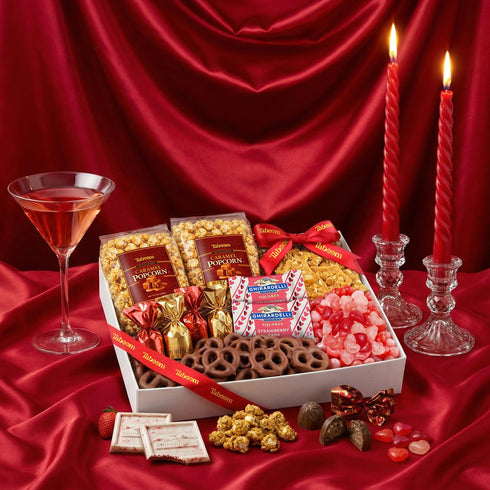Valentines Day Chocolate Gift Basket - Assortment Tray Sweet & Savery Gourmet Snack Food Gift Box With Caramel Popcorn