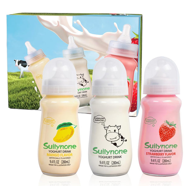 280ml Yogurt Drink Reusable Glass Bottle, 3-Pack Mixed Flavors Drinkable Yogurt -