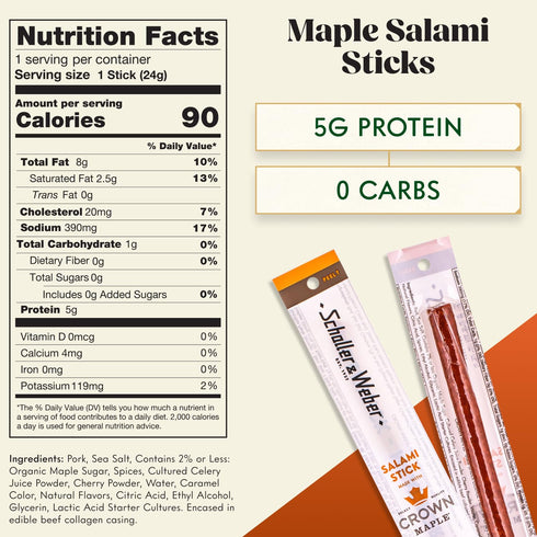 0.85 Oz (Pack 6) Schaller & Weber Crown Maple Salami Sticks, of | Smoked Salami with Crown Maple Syrup | German Style