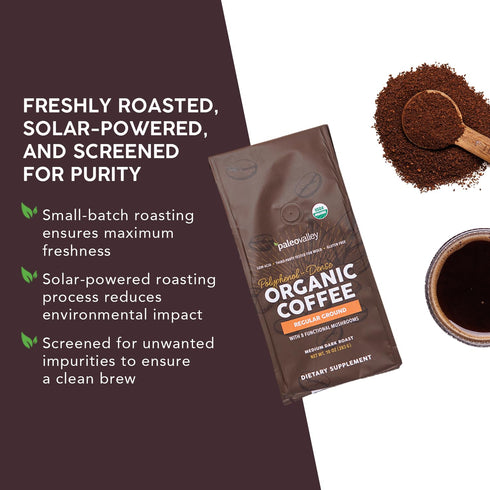 10oz Paleovalley Organic Ground Coffee, - Regular, Low Acid, Single-Origin, Polyphenol-Rich, Infused with Mushrooms