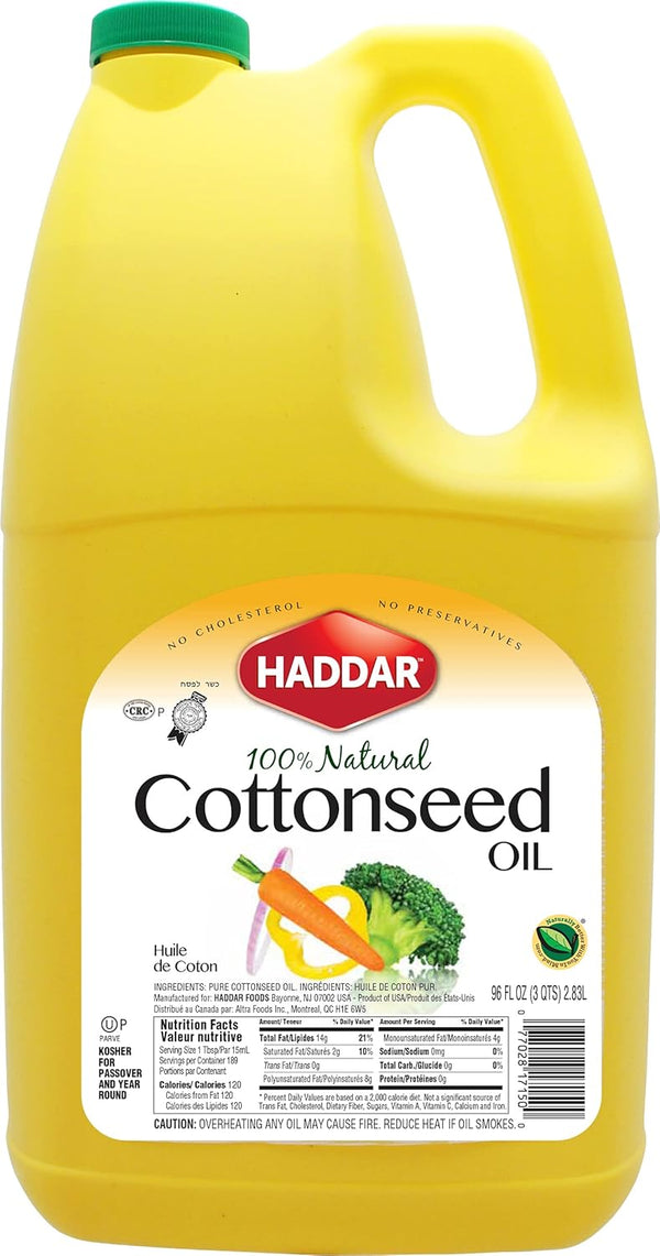 Haddar Pure Cottonseed Oil 96oz | Easy Pour Bottle with Handle, No